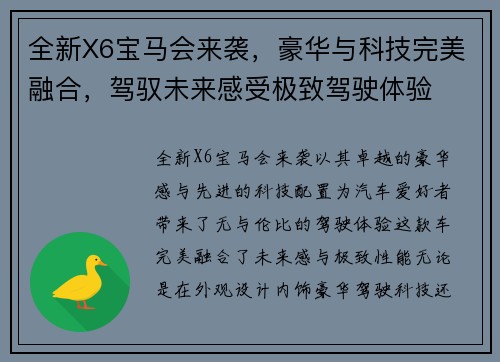 全新X6宝马会来袭，豪华与科技完美融合，驾驭未来感受极致驾驶体验