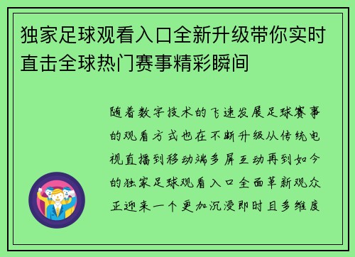 独家足球观看入口全新升级带你实时直击全球热门赛事精彩瞬间