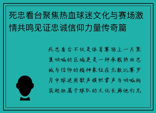 死忠看台聚焦热血球迷文化与赛场激情共鸣见证忠诚信仰力量传奇篇